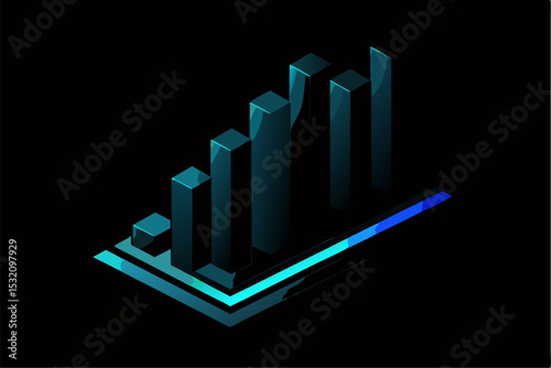 Isometric 3D illustration of a blue bar chart representing financial growth, business performance, or statistical analysis. The image features five ascending bars placed on a tech-style platform.