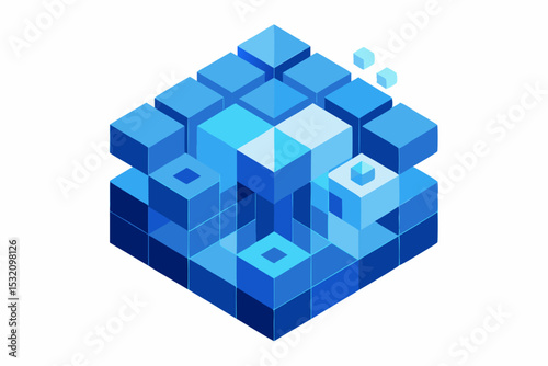 Isometric 3D illustration of a blue bar chart representing financial growth, business performance, or statistical analysis. The image features five ascending bars placed on a tech-style platform.