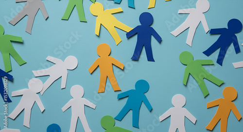 Colorful paper cutouts of people in various colors displayed on a light blue background. Diverse figures, lying flat, in a graphic design or education setting.