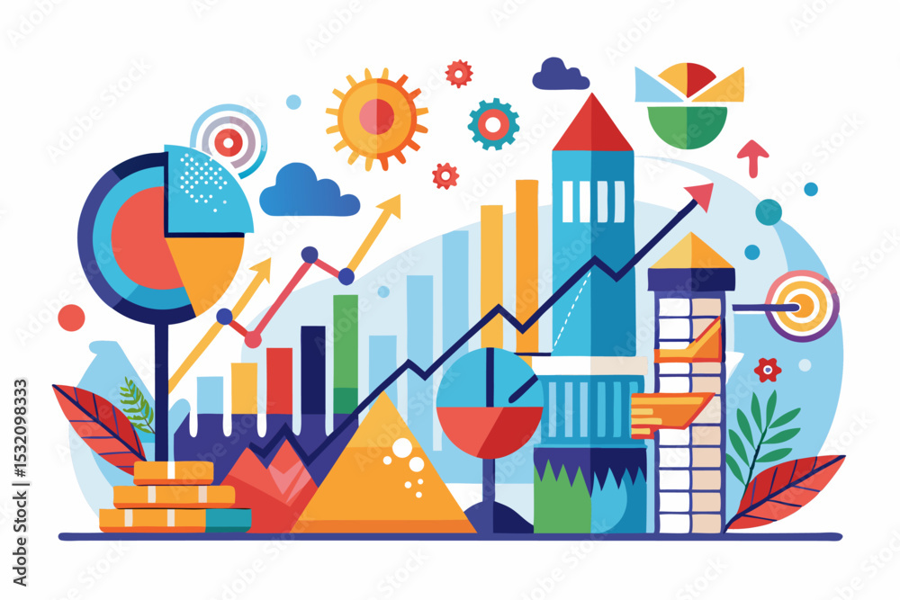 Obraz premium Isometric 3D illustration of a blue bar chart representing financial growth, business performance, or statistical analysis. The image features five ascending bars placed on a tech-style platform.