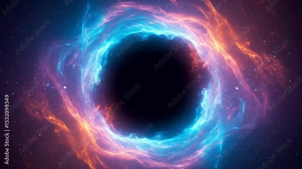 A swirling vortex of fiery orange and electric blue plasma engulfs a black void, set against a backdrop of distant stars