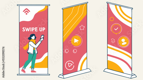 Three roll up banners with different designs featuring a woman with a phone, play button and checkmark