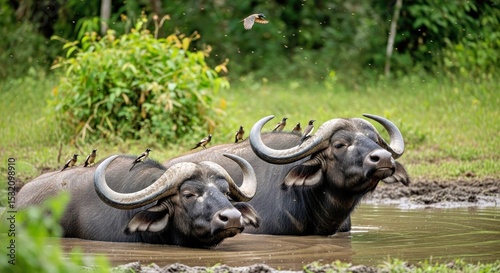 Pair of African Forest Buffaloes Wallowing in Muddy Pool