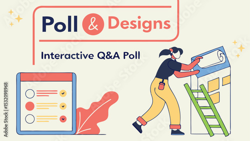 Illustration showing a woman hanging wallpaper on a house with a checklist and poll designs graphic element