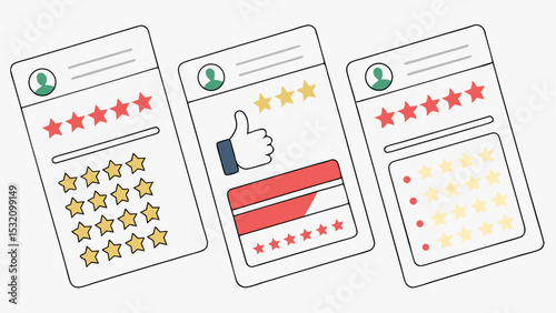 Illustration of three customer review cards with star ratings thumbs up and credit card information shown