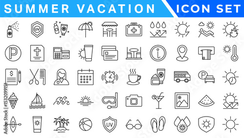 Summer Vacation icon set. Holiday related icons: travel, beach, surfing, hotel, tourism, landscape, camera, passport, ice cream and more. Editable line icons. Vector illustration.