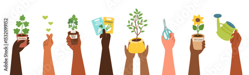 Set of cliparts of hands with plants and garden equipment. People holding garden objects. Vector hand drawn background. 