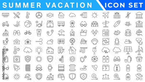 Summer Vacation icon set. Holiday related icons: travel, beach, surfing, hotel, tourism, landscape, camera, passport, ice cream and more. Editable line icons. Vector illustration.