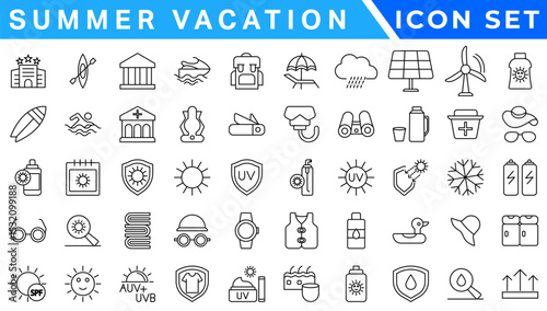 Summer Vacation icon set. Holiday related icons: travel, beach, surfing, hotel, tourism, landscape, camera, passport, ice cream and more. Editable line icons. Vector illustration.