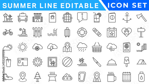 summer line editable icon set. Containing holidays, beach, adventure, travel, summer camp, etc. Editable stroke. Vector illustration