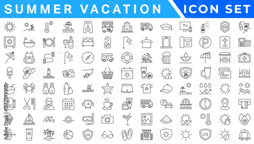 Summer Vacation icon set. Holiday related icons: travel, beach, surfing, hotel, tourism, landscape, camera, passport, ice cream and more. Editable line icons. Vector illustration.