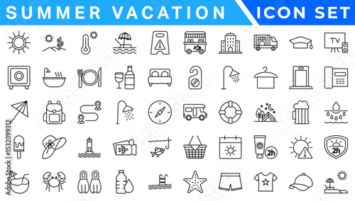 Summer Vacation icon set. Holiday related icons: travel, beach, surfing, hotel, tourism, landscape, camera, passport, ice cream and more. Editable line icons. Vector illustration.