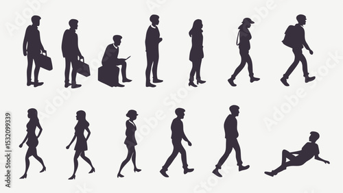 Illustration of a group of people silhouettes in various poses such as walking sitting and lying down view