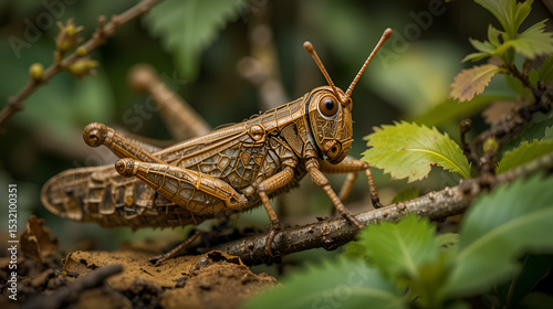 Close-up of a brown grasshopper or Caelifera camouflaged in its natural environment among leaves and branches