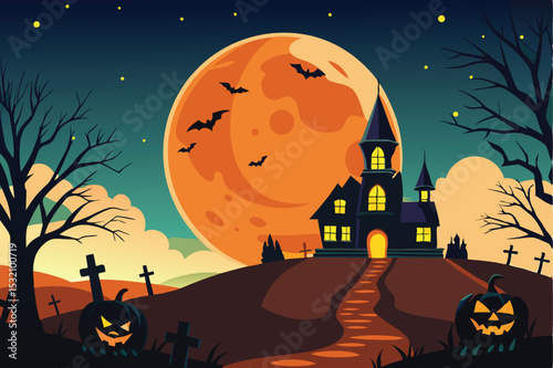 Spooky Halloween night background with haunted castle, full moon, flying bats, and scary pumpkins