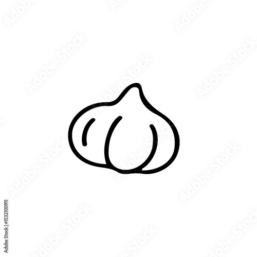 A simple line drawing of a garlic bulb with distinct cloves and a small stem on a white background
