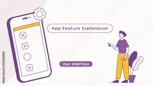 Illustration of a mobile app feature explanation and user interface with a person pointing to the screen