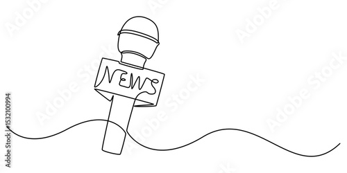 news microphone continuous one line drawing, news microphone in continuous one line drawing style. Journalist, reporter concept. Vector illustration, Exclusive Interview Continuous Line Editable Strok