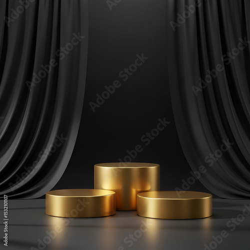Gold podiums with black draped backdrop. Elegant display of three tiered gold cylinders on dark background, suitable for showcasing luxury products.