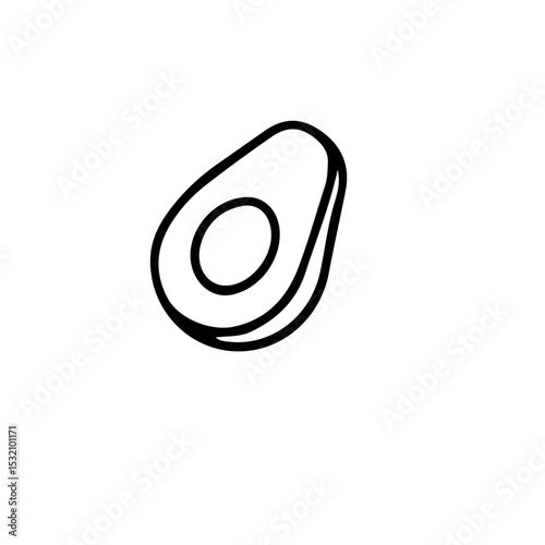 A simple black and white line drawing of a halved avocado with the pit visible on a white background