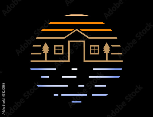 Cabin by the lake line art illustration