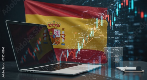 Open laptop with a glowing screen displaying charts or data visualizations, set against a large Spanish flag backdrop.