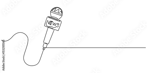 news microphone continuous one line drawing, news microphone in continuous one line drawing style. Journalist, reporter concept. Vector illustration, Exclusive Interview Continuous Line Editable Strok