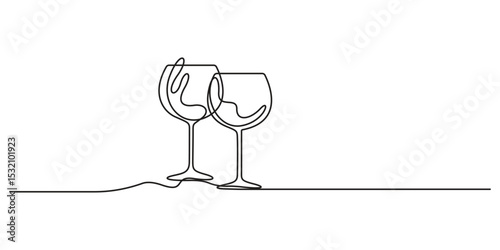 Single line drawing of two glasses of red wine, Two glasses of red wine in one continuous line drawing. Champagne toast and cheers in simple linear style. Alcohol and cocktail drink menu graphic art