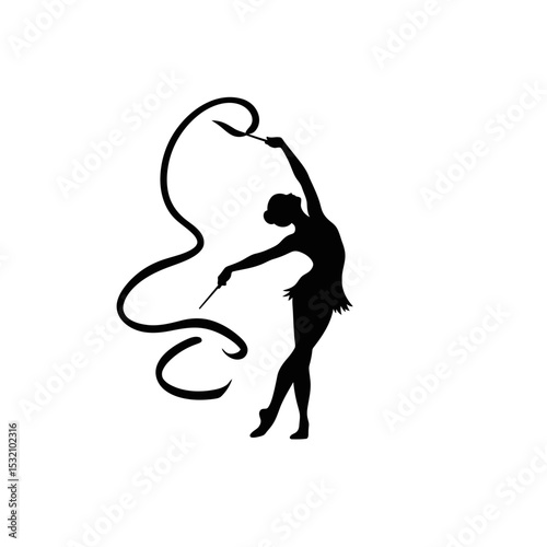 Black Silhouette Icon a Rhythmic Gymnast Twirling a Ribbon in an Elegant Arc