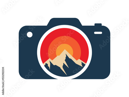 Mountain Photography Logo with Sunset in Camera Icon