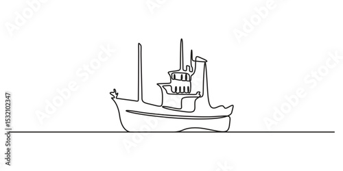 Continuous one line drawing fishing boat vector illustration