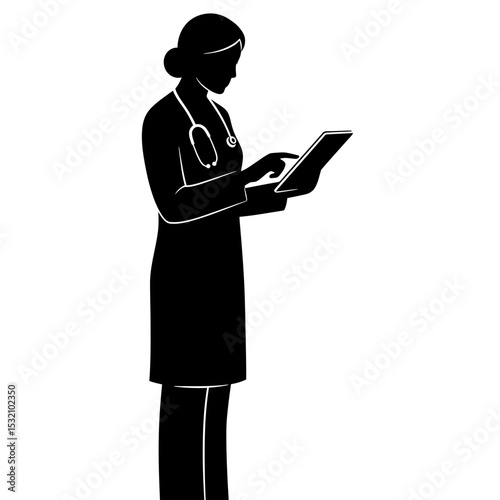 Black Silhouette Icon a Silhouette of a Female Doctor Using a Tablet for Medical Records