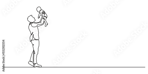 Father's Day greeting card. Continuous one line drawing of dad tosses a toddler. Father with son vector illustration