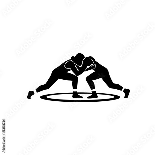 Black Silhouette Icon Two Wrestlers Locked in a Grapple in the Center of the Mat
