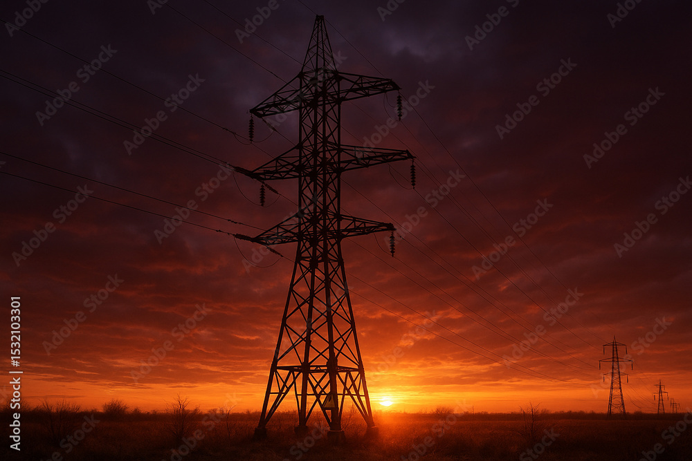 Fototapeta premium Danger: High voltage, power grid infrastructure, safety inspection.