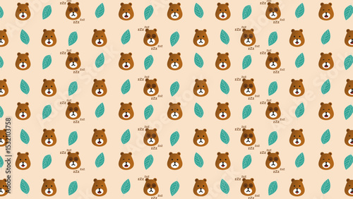 seamless cute bear and leaves mood pattern vector. Happy, angry, flat, sleepy face of cute bear.