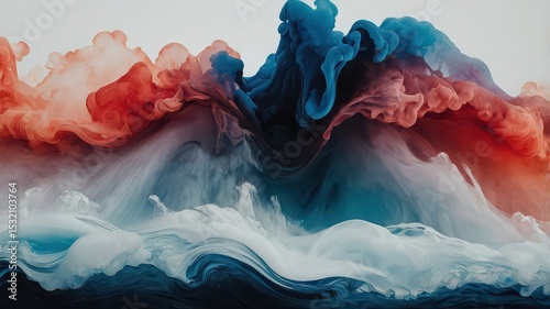 Abstract depiction showcasing swirling clouds of red blue and white smoke against a light background