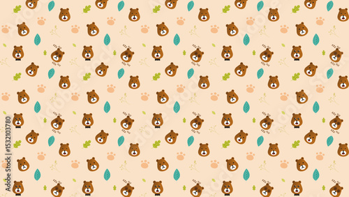 seamless cute bear and leaves mood pattern vector. Happy, angry, flat, sleepy face of cute bear with leaves items.