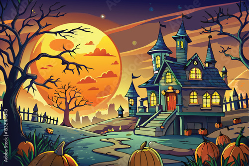Spooky Halloween night with a haunted house, moon, bats, and pumpkin against a dark sky, perfect for an October celebration card