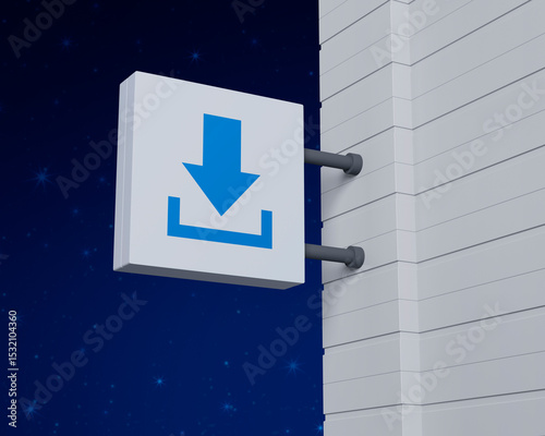 Download icon on hanging white square signboard over fantasy night sky, Technology internet online concept, 3D rendering