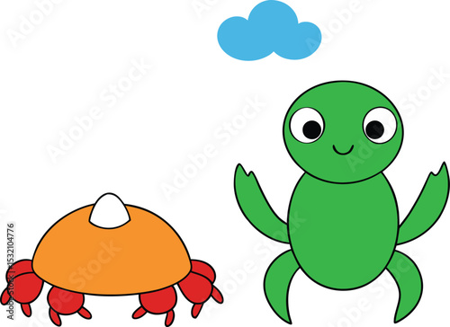 turtle and crab on sandy beach colouring illustration
