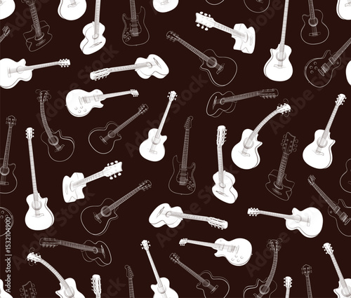 The seamless brown background with different guitars.
