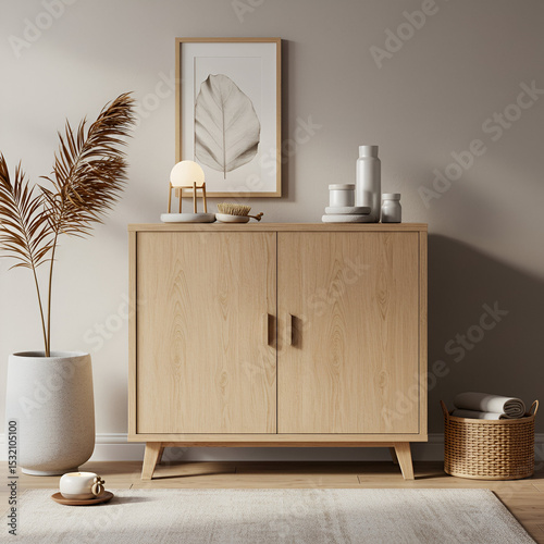 Light oak cabinet with minimalist decor in a neutral interior setting. Stylish cabinet with subtle accents, showcasing a calm and organized space.