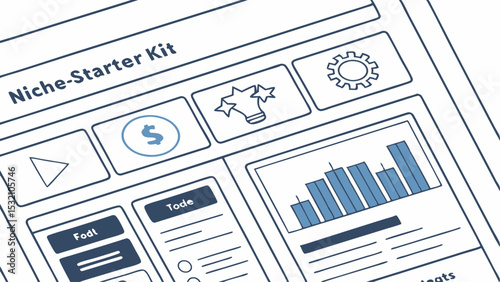 Illustration of a niche starter kit interface with various icons and data visualizations displayed within it