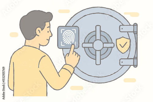 Man Using Fingerprint Biometric Scan to Access Secure Vault with Lock and Shield