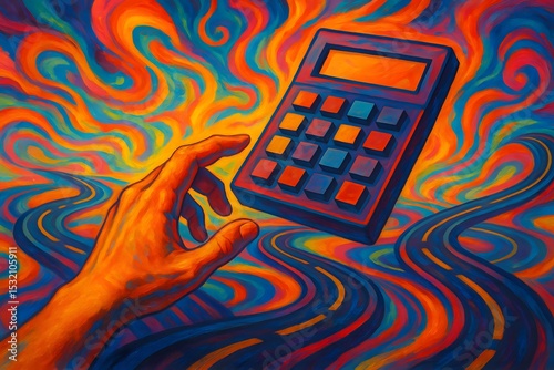 Surreal Calculation A Hand Reaching for a Calculator Amidst Abstract Swirling Roads and Sky