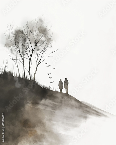 Two figures strolling along a misty hillside under the silhouette of a barren tree and flying birds. Generative AI