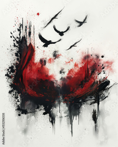 Dynamic watercolor artwork featuring silhouettes of birds in flight against a backdrop of bold red and black tones. Generative AI