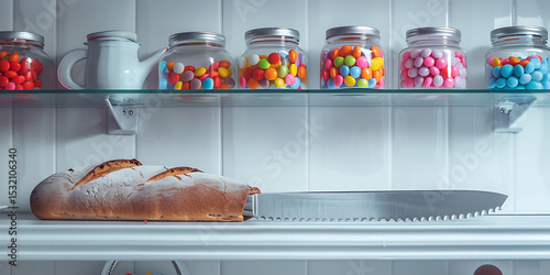 Nostalgic Shelf of Sweets and Loaf

