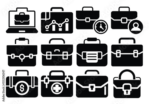 Silhouette Set of Business Briefcases in Various Styles on White Background

